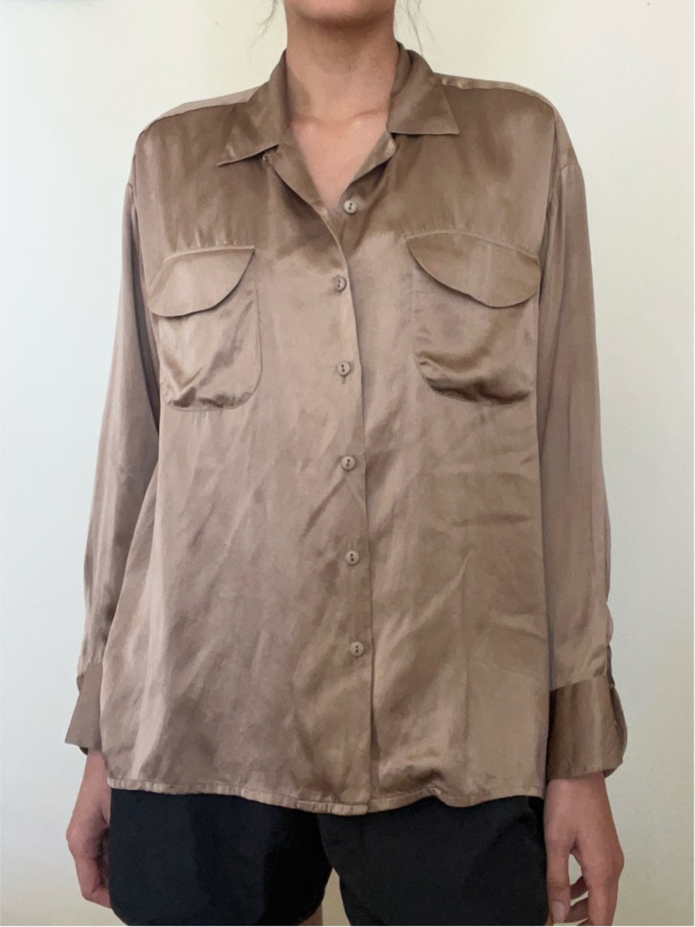 Silky Button-Up Blouse in Taupe
